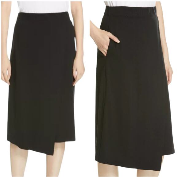 Eileen Fisher NWT Black Tencel Lyocell Stretch Faux Wrap Knee Midi Skirt XXS